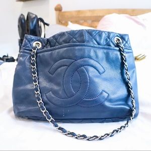 Chanel Large Grand Shopping Tote - Chain Shoulder Strap - Blue Leather